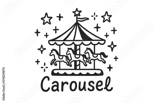 Starry Carousel Doodle. Doodle carousel with stars, horses, and sparkles, center word “Carousel” in black and white isolated
