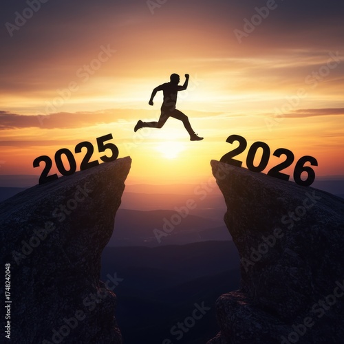 silhouette man jump from mountain from 2025 to 2026 years with the sunset or sunrise background. Happy and success growth with new year 2026 concept