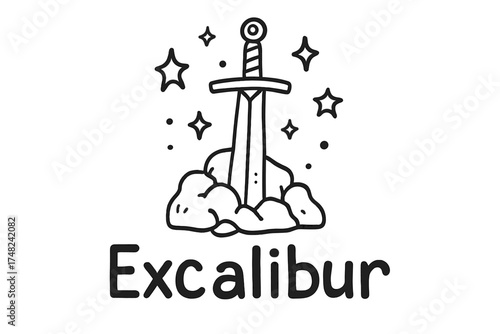 Doodle Excalibur Design. Doodle excalibur sword with stars, rocks, and sparkles, center word “Excalibur” in black and white