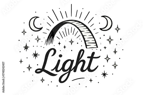 Magical Light Bridge. Hand-drawn magical light bridge with moons, rays, and sparkles, center word “Light” in black and white