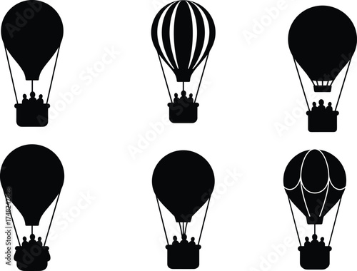 Hot air balloon silhouette set, black and white vector icons, amusement flight design, minimal style, festive transport graphic, adventure travel illustration pack