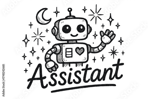 Robot Assistant Design. Hand-drawn robot assistant with moons, sparks, and sparkles, center word “Assistant” in black and white