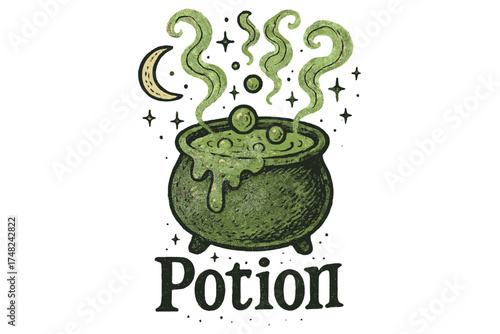 Mystical Green Potion. Hand-drawn bubbling green potion with moons, fumes, and sparkles, center word “Potion” in black and white