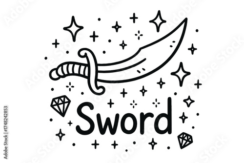 Pirate Sword Doodle. Doodle pirate sword with stars, gems, and sparkles, center word “Sword” in black and white isolated
