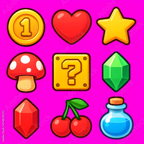 Colorful game icons on pink background. Features a coin, heart, star, mushroom, question block, green and red crystals, cherries, and potion bottle