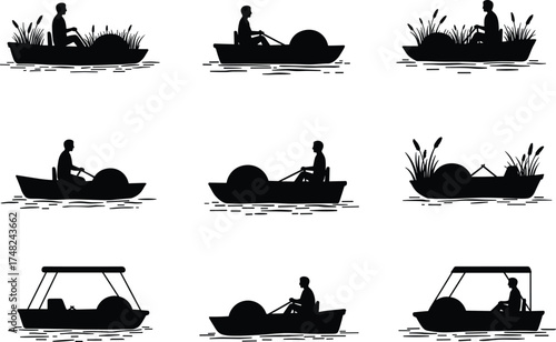 Pedal, boat, silhouette, water, ride, recreation, lake, river, people, vector, icon, black, minimal, flat, design, outdoor, activity, isolated, bundle, collection, transport, leisure, nature, motion