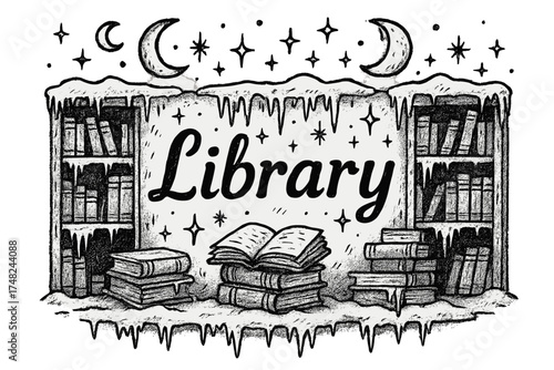 Frozen Celestial Library. Hand-drawn frozen library with moons, books, and sparkles, center word “Library” in black and white
