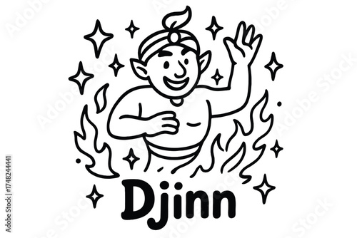 Doodle Djinn Magic. Doodle djinn spirit with stars, flames, and sparkles, center word “Djinn” in black and white isolated
