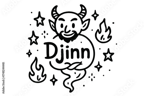 Doodle Djinn Magic. Doodle djinn spirit with stars, flames, and sparkles, center word “Djinn” in black and white isolated