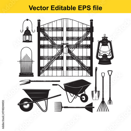 Vector art of collection of garden and farm tools, including wheelbarrows, pitchforks, shovels, rakes, lanterns, and a gate