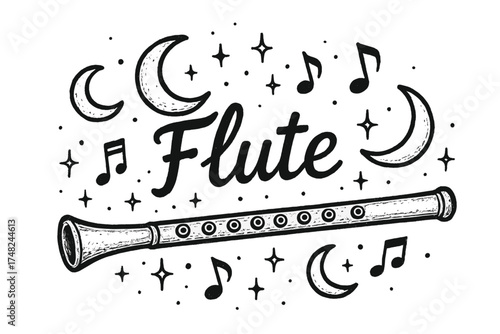 Magical Flute Design. Hand-drawn magical flute with moons, notes, and sparkles, center word “Flute” in black and white isolated