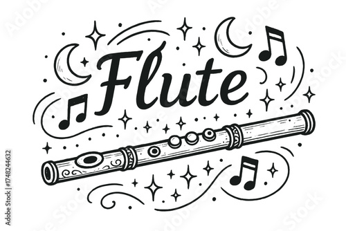 Magical Flute Design. Hand-drawn magical flute with moons, notes, and sparkles, center word “Flute” in black and white isolated