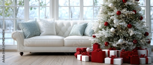 Warm and inviting living area features a couch adorned with cushions, holiday decor, and a Christmas tree amidst snowy views