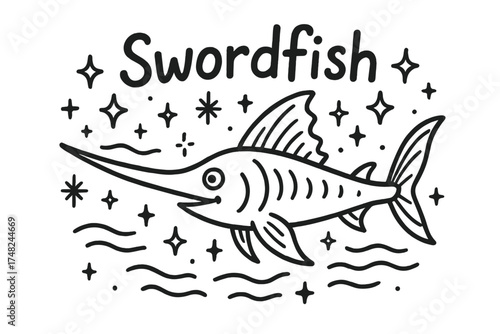 Swordfish Doodle Art. Doodle swordfish with stars, sparkles, and currents, center word “Swordfish” in black and white isolated