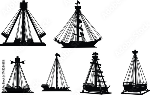 Pirate ship ride silhouette, amusement park vector, swinging ride icon, black graphic design, festive structure, outdoor fun, minimal style, entertainment scene, thrill attraction