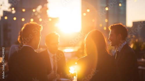 Business professionals networking at golden hour rooftop event