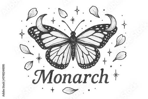Monarch Butterfly Art. Hand-drawn monarch butterfly with moons, petals, and sparkles, center word “Monarch” in black and white