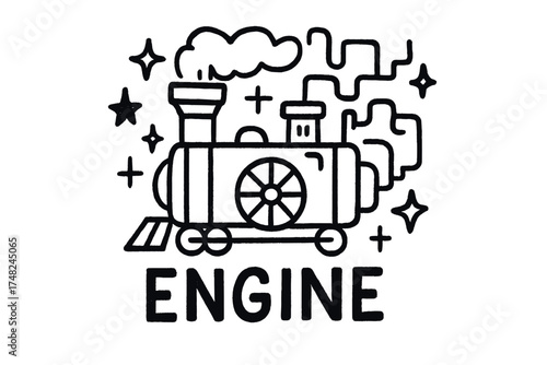 Doodle Steam Engine. Doodle steam engine with stars, pipes, and sparkles, center word “Engine” in black and white isolated