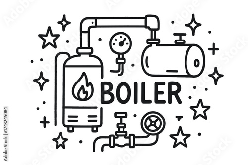Boiler Room Doodle. Doodle boiler room with stars, valves, and sparkles, center word “Boiler” in black and white isolated