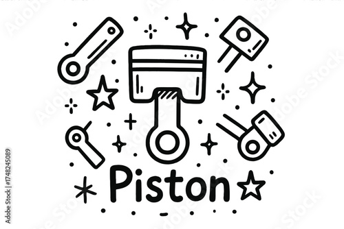 Piston Machine Doodle. Doodle piston machine with stars, rods, and sparkles, center word “Piston” in black and white isolated