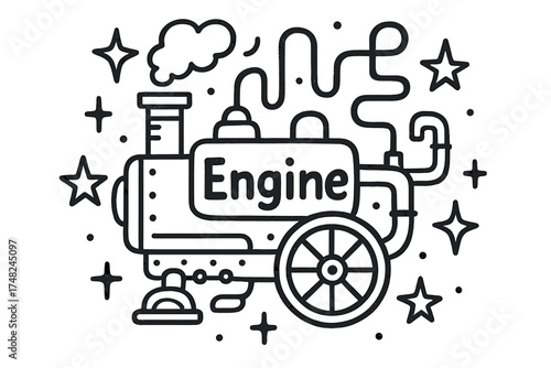 Doodle Steam Engine. Doodle steam engine with stars, pipes, and sparkles, center word “Engine” in black and white isolated
