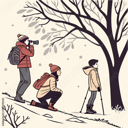 A group of people enjoying a winter trek in nature.