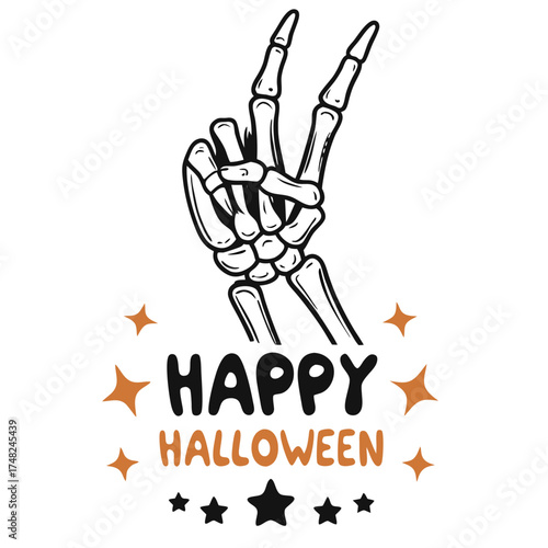 Skeleton Hand Peace Sign Happy Halloween Vector Illustration, Spooky Skull Bones Rock Hand Gesture Art, Horror Holiday Party Design