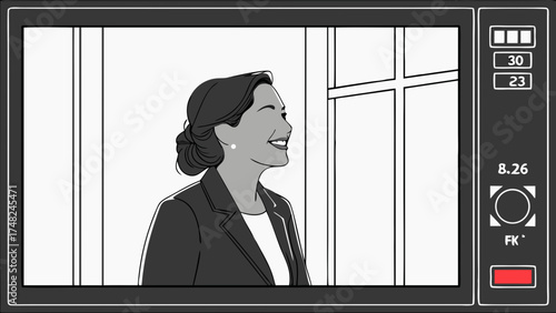 A person smiling on a screen in a grayscale sketch style.