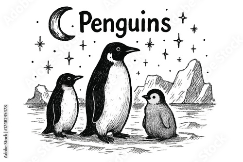 Penguins with Moons. Hand-drawn penguins with moons, ice, and sparkles, center word “Penguins” in black and white isolated