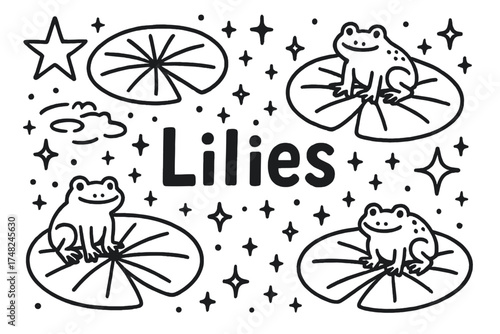 Lily Pads Doodle. Doodle giant lily pads with stars, frogs, and sparkles, center word “Lilies” in black and white isolated