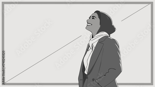 A stylized illustration of a woman looking upward with a smile.