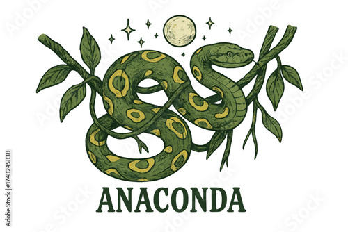 Moonlit Anaconda Illustration. Hand-drawn anaconda in green with yellow patterns, wrapped on jungle vines, moonlight sparkles,