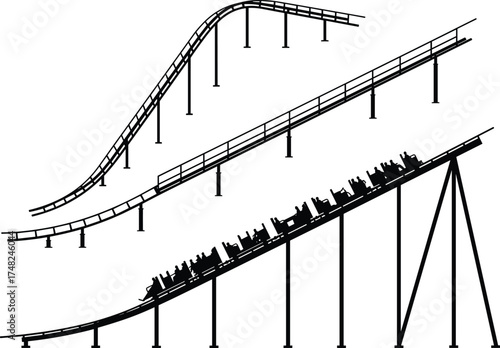 Roller coaster silhouette vector illustration showing thrilling amusement park ride, steel track with supporting pillars, exciting upward climb, fun attraction design, entertainment background concept