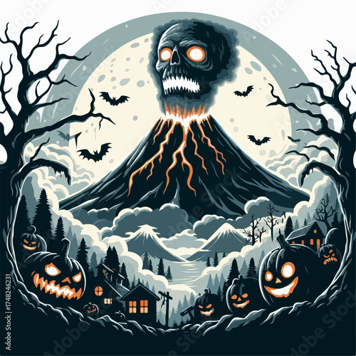 Illustration of a scary erupting volcano emitting skull smoke