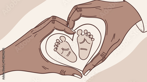 Babys Footprints in Heart Formed by Hands Illustration.