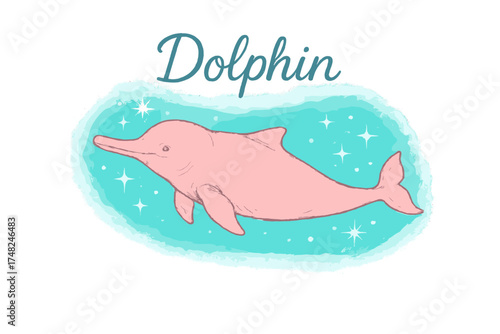 Pink Dolphin Elegance. Hand-drawn amazon river dolphin in soft pink, swimming in turquoise water with glowing sparkles, center