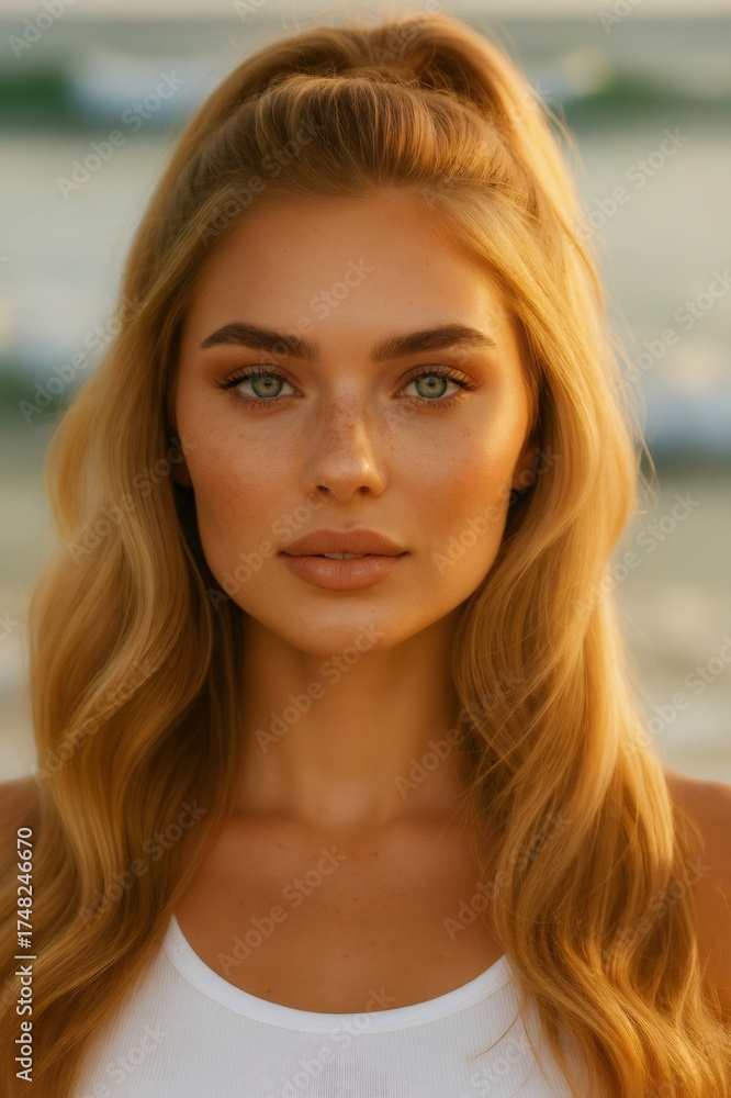 Fototapeta premium Blonde woman with green eyes and freckles on summer beach enjoying sunset golden hour light
