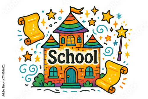 Enchanted School Doodle. Colorful doodle enchanted school with rainbow roofs, glowing scrolls, stars, center word “School”,