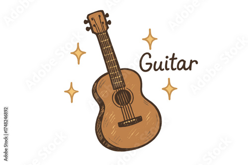 Guitar Under Stars. Hand-drawn acoustic guitar in warm brown with silver strings, glowing stars, center word “Guitar”, isolated