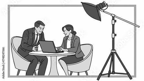 Business Meeting and Interview Scene with Lighting Equipment.