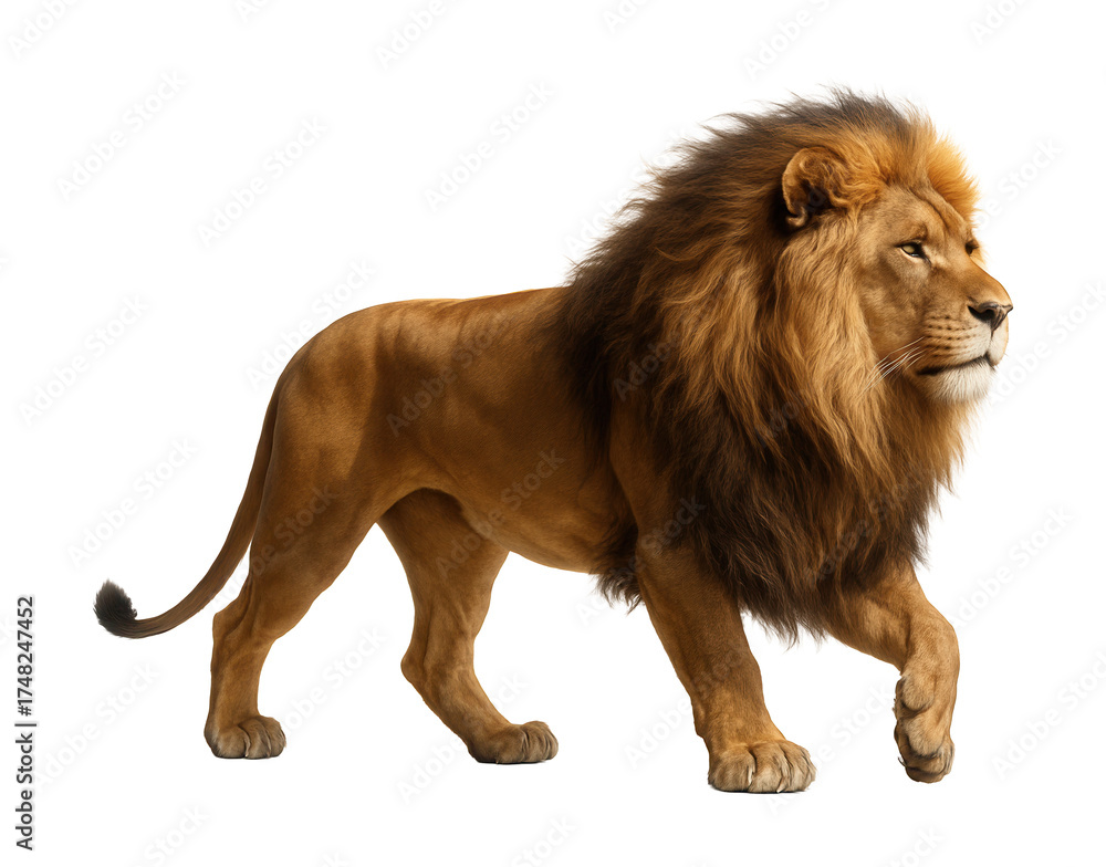 Obraz premium Majestic lion with a full mane and strong physique, shown in side profile.