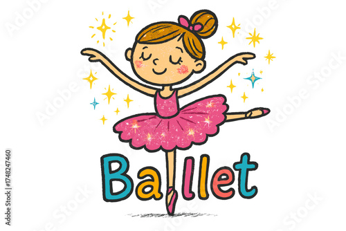 Ballet Doodle Sparkles. Colorful doodle ballerina in pink tutu with glowing sparkles, center word “Ballet”, isolated transparent