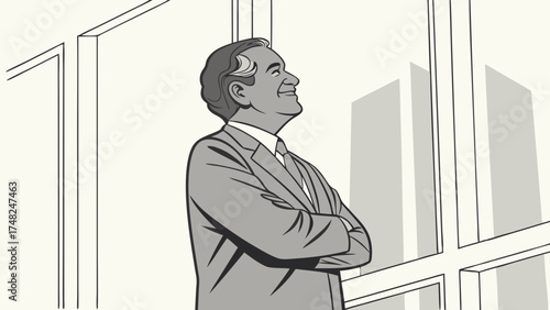 Businessman gazing upwards contemplating dreaming visionary concept.