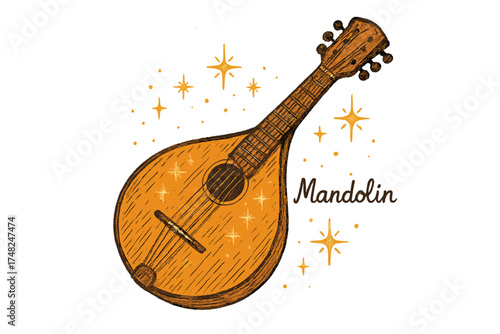 Sparkling Orange Mandolin. Hand-drawn mandolin in orange wood with golden sparkles, center word “Mandolin”, isolated transparent