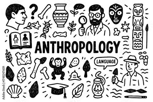 Anthropology doodle with skull artifacts primitive tools and human evolution elements, Transparent Background