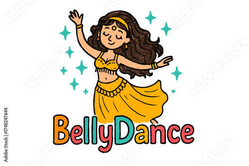 Dazzling Belly Dance. Colorful doodle belly dancer in golden costume with turquoise sparkles, center word “BellyDance”, isolated