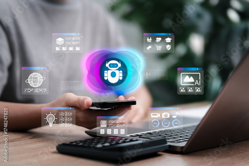 AI Everyday Life Concept, Businesswoman Using Artificial Intelligence for Global Knowledge Search, Smart Tools for Productivity, Creative Content Generation, Digital Learning, Technology Innovation