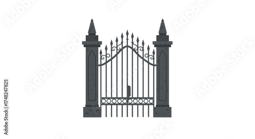 Illustration of a wrought iron gate with two pillars on a white background.