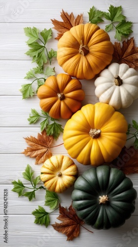 Wallpaper Mural A cozy decor display features white pumpkins set among autumn leaves, complementing a serene wooden background with greenery Torontodigital.ca