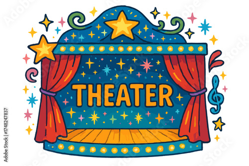 Enchanted Ballet Theater. Colorful doodle enchanted ballet theater with glowing lights, stars, and curtains, center word “Theater”